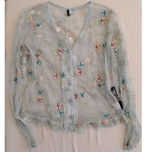 Zoe Designs Sheer‎ Floral Embroidered Button Down Cardigan Top Vintage Medium